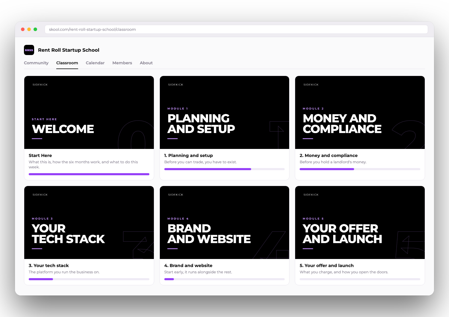 The Rent Roll Startup School classroom, seven modules